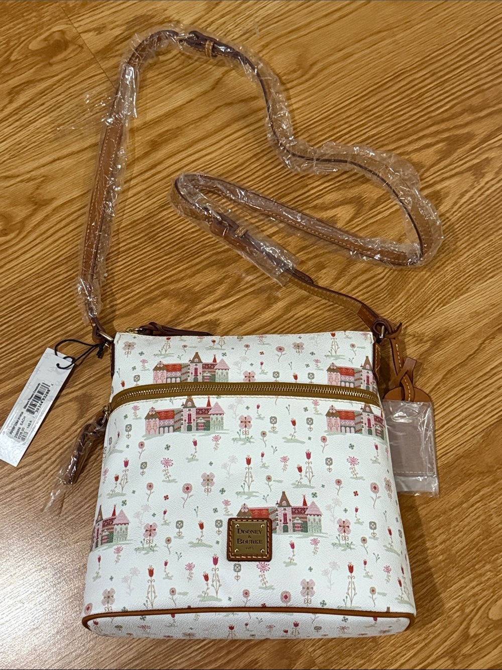 Dooney & Bourke X Biltmore White Crossbody with Pink and Brown Village Print